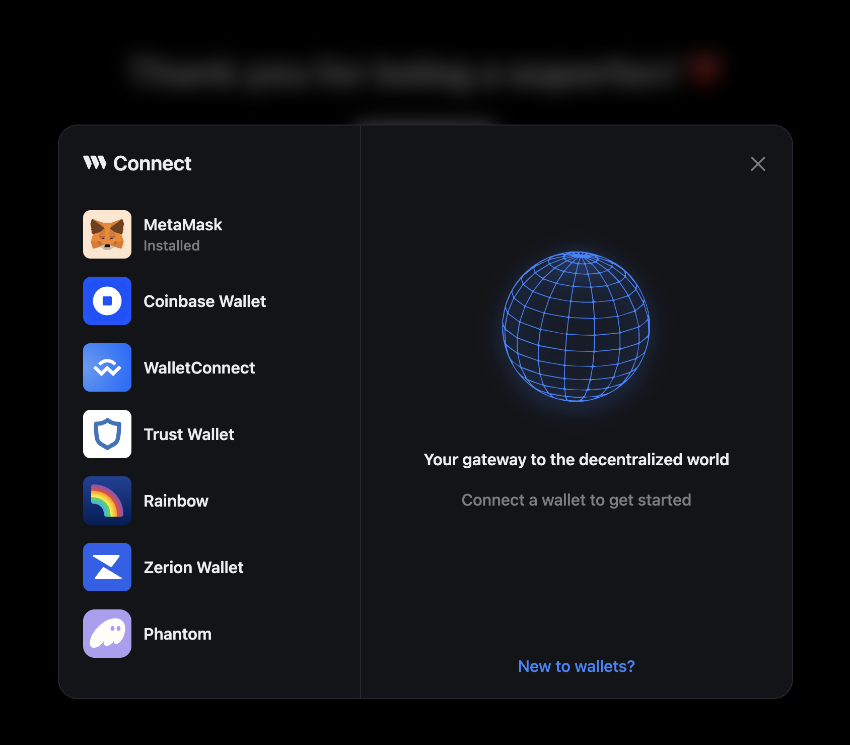 The app prompts the user to connect their wallet.